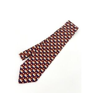 70s Style Geometric Silk Necktie Brick Red Navy Cream Diamond Square Pattern
